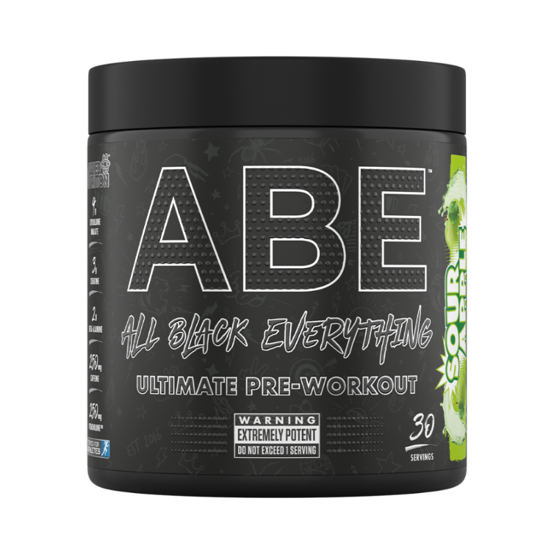 Pot noir de ABE All Black Everything Ultimate Pre-Workout, complément pré-entraînement puissant favorisant l’énergie, la concentration et les performances sportives, saveur Sour Apple.
