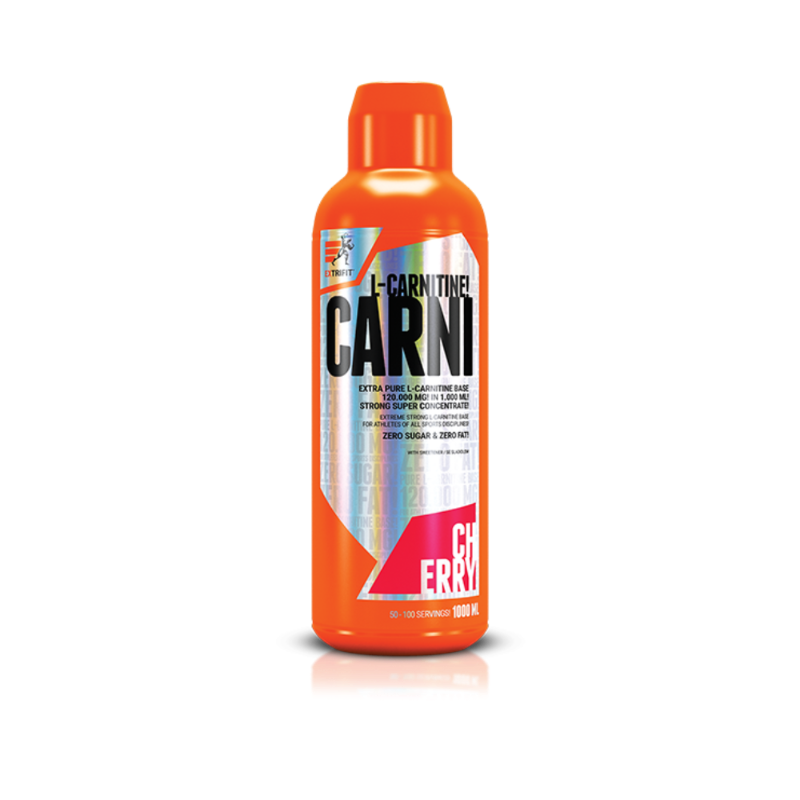 Bouteille orange de L-Carnitine Carni extrifit, complément liquide favorisant la combustion des graisses et l’énergie pendant l’entraînement, goût cerise.