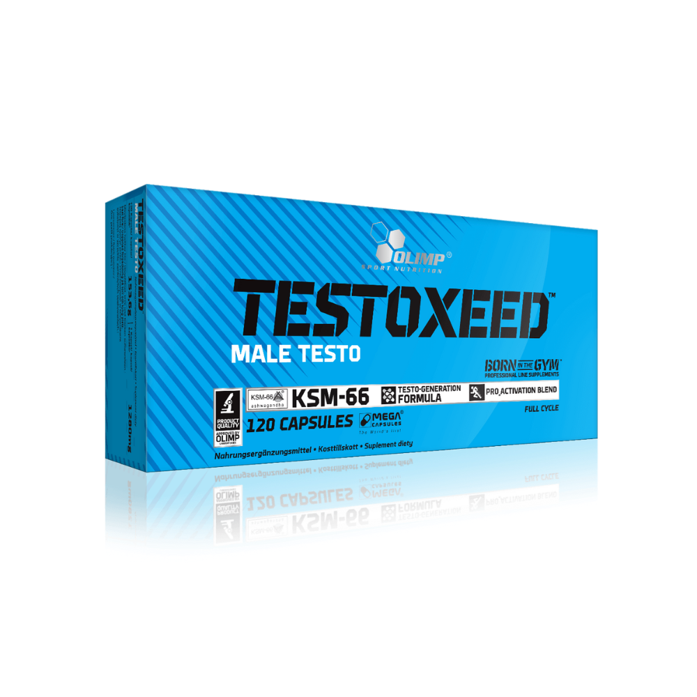 Boîte bleue de Testoxeed Male Testo d’Olimp Nutrition, complément alimentaire stimulant naturel de testostérone à base de KSM-66, favorisant la force, l’énergie et la vitalité masculine.