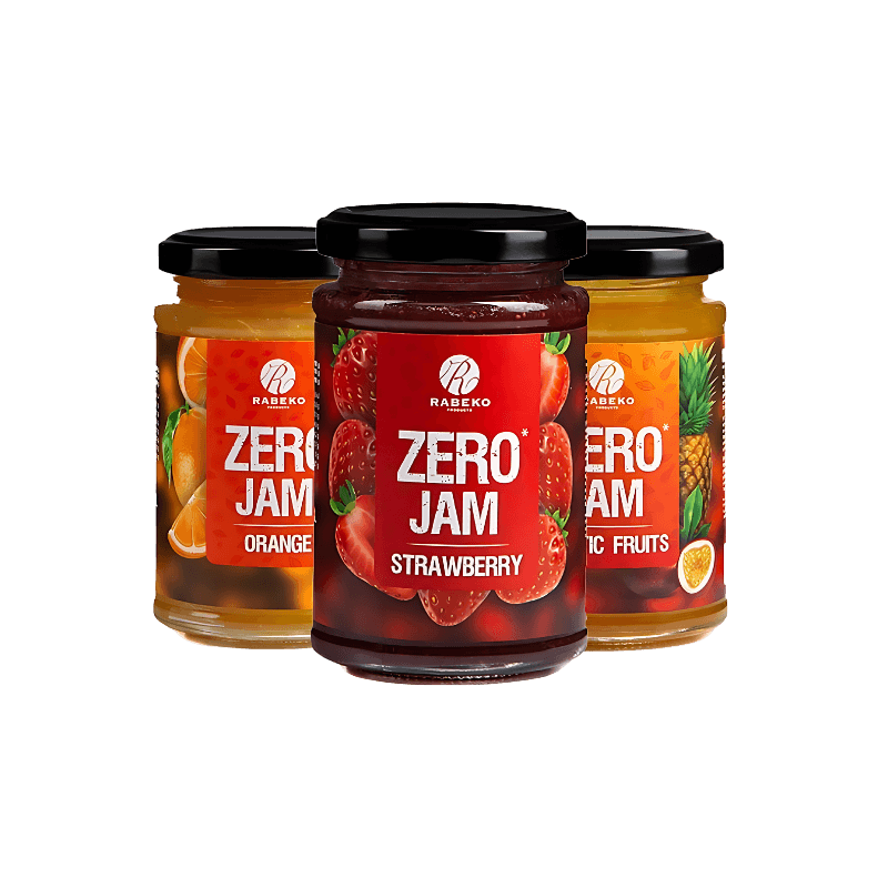 Pots de confiture Rabeko Zero Jam aux saveurs fraise, orange et fruits exotiques, sans sucres ajoutés et faibles en calories, parfaits pour une alimentation saine et gourmande.
