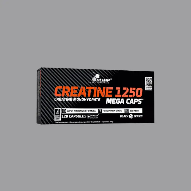 Boîte de créatine Mega Caps d'Olimp Nutrition, contenant 120 gélules de créatine monohydrate ultra concentrée.