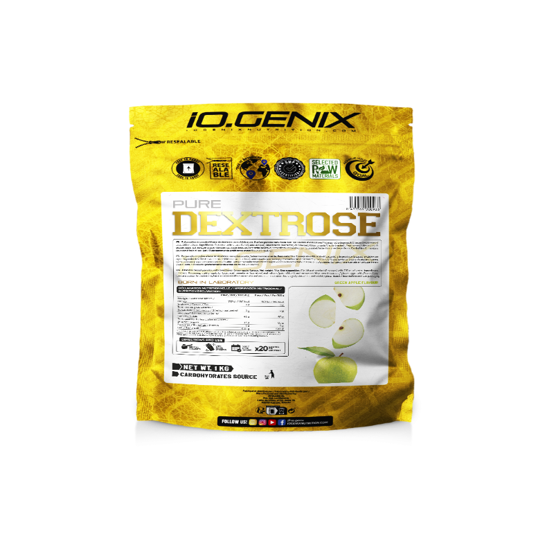 Sachet jaune de Pure Dextrose IO.GENIX, glucide à assimilation rapide idéal pour restaurer l’énergie après l’entraînement et favoriser la récupération musculaire.