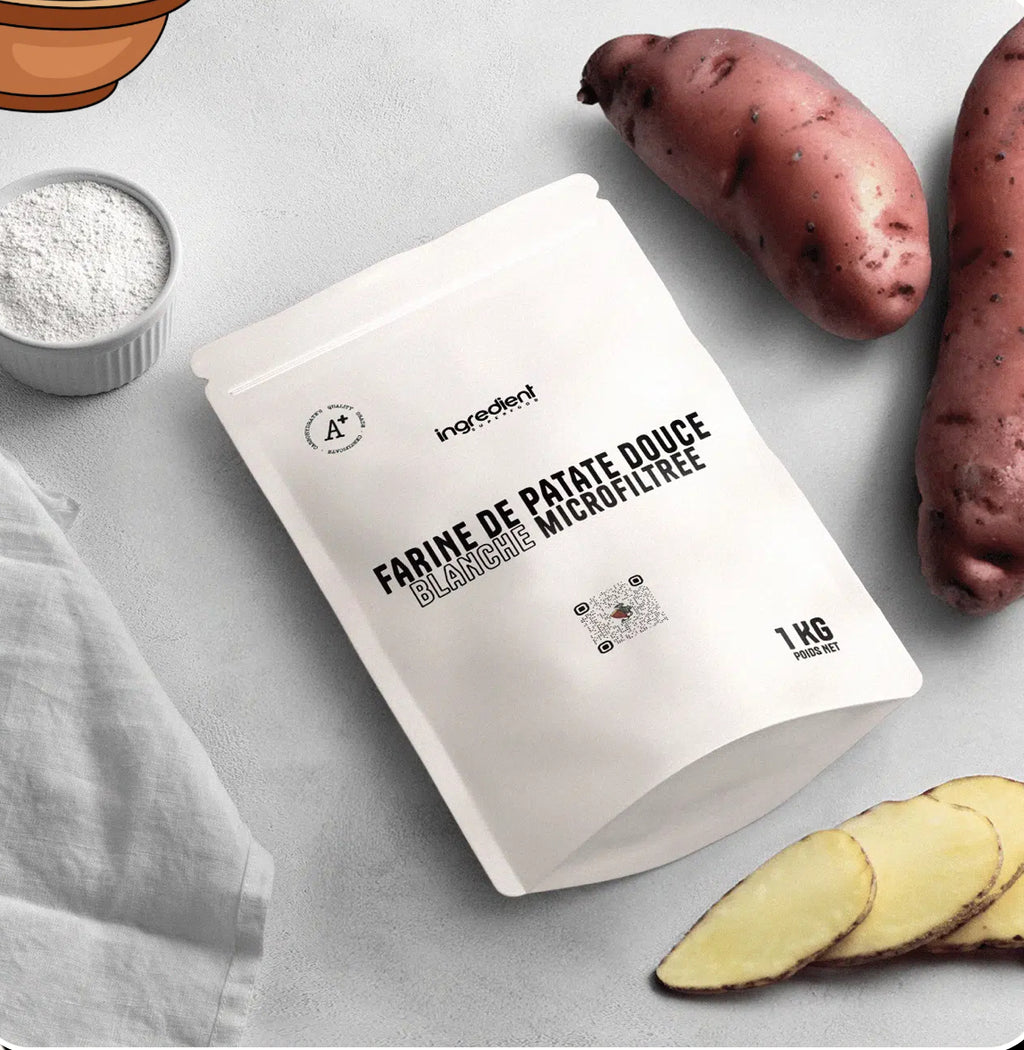 Farine microfiltrée de patate douce blanche, idéale pour des recettes saines.