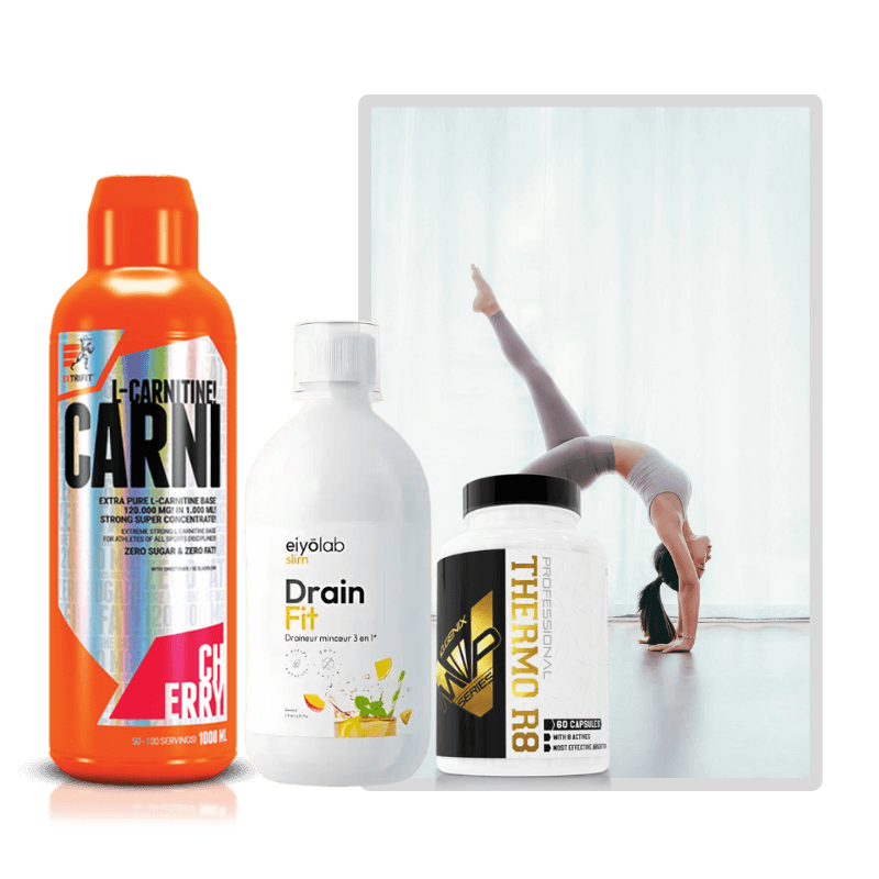 Pack Détox et Minceur Dragon Nutrition comprenant L-Carnitine, Drain Fit et Thermo R8, trio de compléments pour brûler les graisses, drainer les toxines et favoriser la perte de poids naturellement.