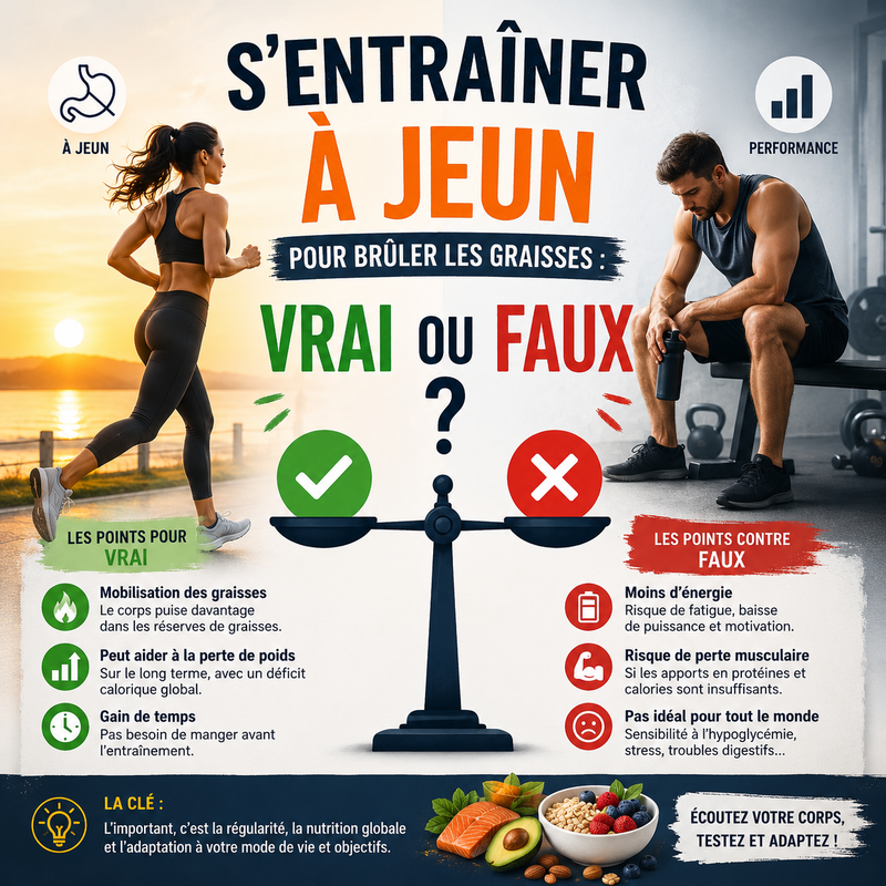 S'entraîner à jeun pour brûler les graisses vrai ou faux - infographie avantages inconvénients - Dragon Nutrition