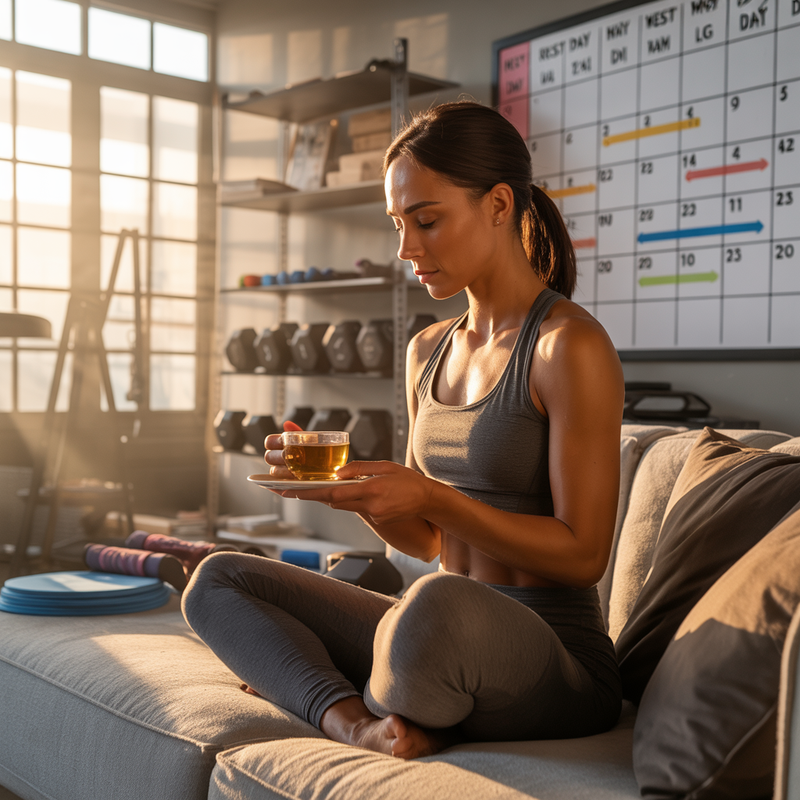 Athlète féminine assise en tenue de sport sur un canapé, buvant une tisane devant un planning d’entraînement hebdomadaire, illustrant l’organisation des séances et des jours de récupération
