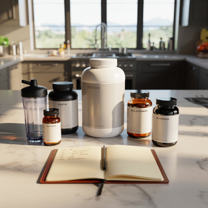 Vue rapprochée de plusieurs compléments de musculation alignés sur un plan de travail de cuisine, avec shaker et carnet de suivi, représentant whey, créatine, oméga‑3, multivitamines et magnésium