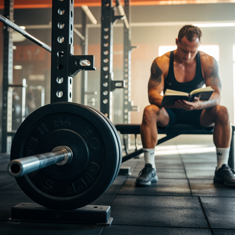 Barre de musculation chargée au premier plan avec un athlète assis sur un banc en train d’analyser son carnet d’entraînement dans une salle de sport.