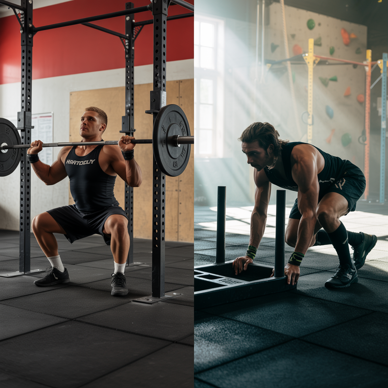 Montage gym avec à gauche un athlète réalisant un squat barre et à droite un athlète poussant un sled dans une box de cross‑training, lumière cinématographique.
