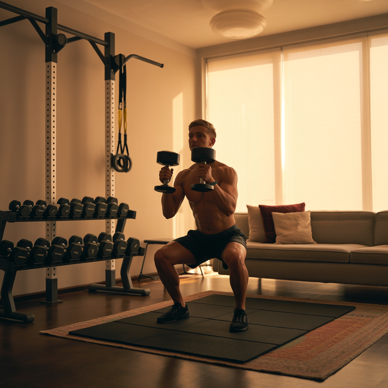 Athlète torse nu réalisant un goblet squat avec deux haltères dans un salon aménagé en home gym, avec rack, rangement d’haltères et lumière naturelle.