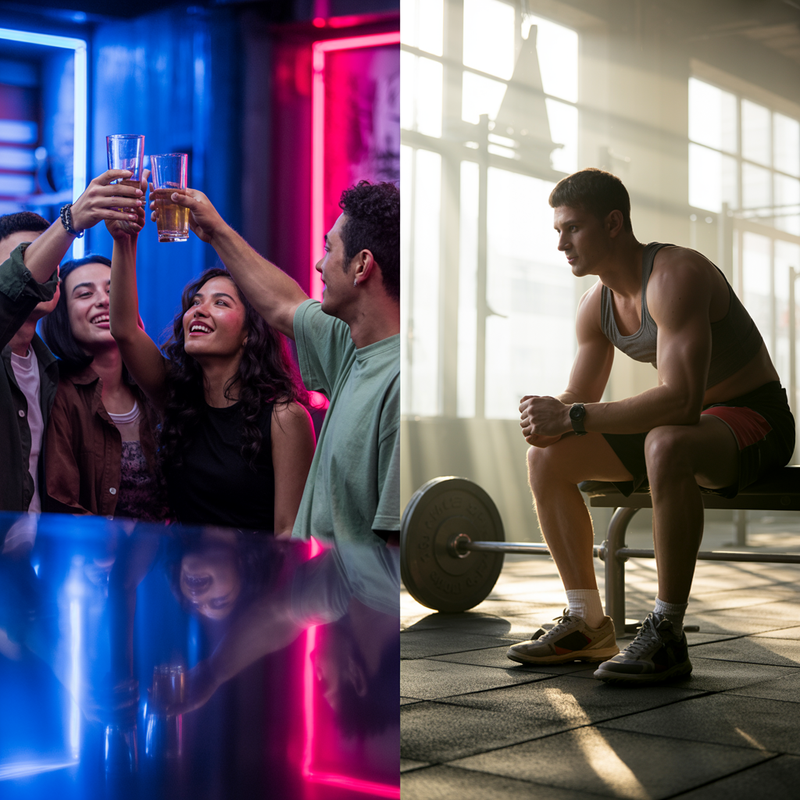 Montage montrant à gauche un groupe d’amis levant leurs verres dans un bar coloré et à droite un athlète assis sur un banc face à une barre dans une salle de musculation au lever du soleil, illustrant le dilemme entre soirées et progression en muscu.