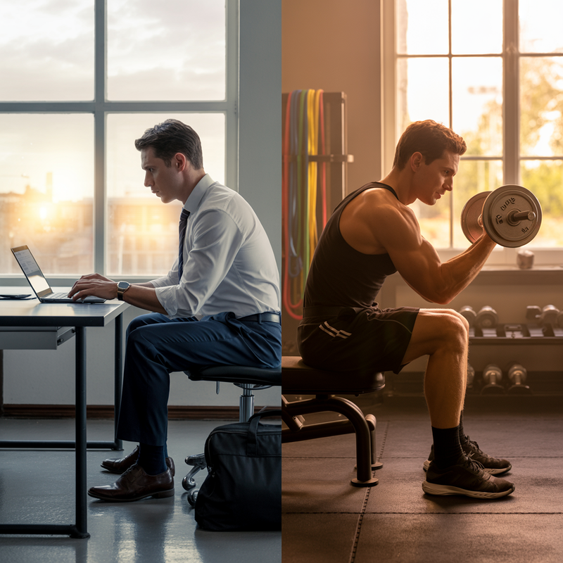 Montage montrant à gauche un homme en tenue de bureau travaillant sur un ordinateur et à droite le même homme faisant des curls avec haltère dans une salle de musculation, symbolisant l’équilibre entre travail et sport.