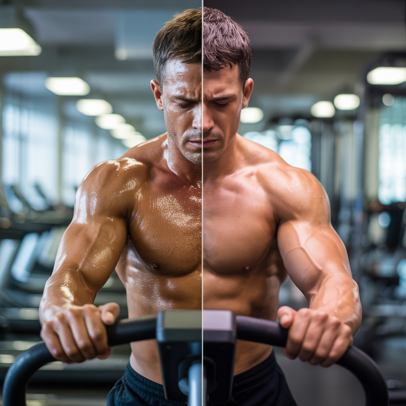 Comparaison d’un même athlète musclé en salle de sport, moitié gauche en cardio intense et épuisé, moitié droite plus détendu, illustrant les erreurs de sèche avec trop de cardio