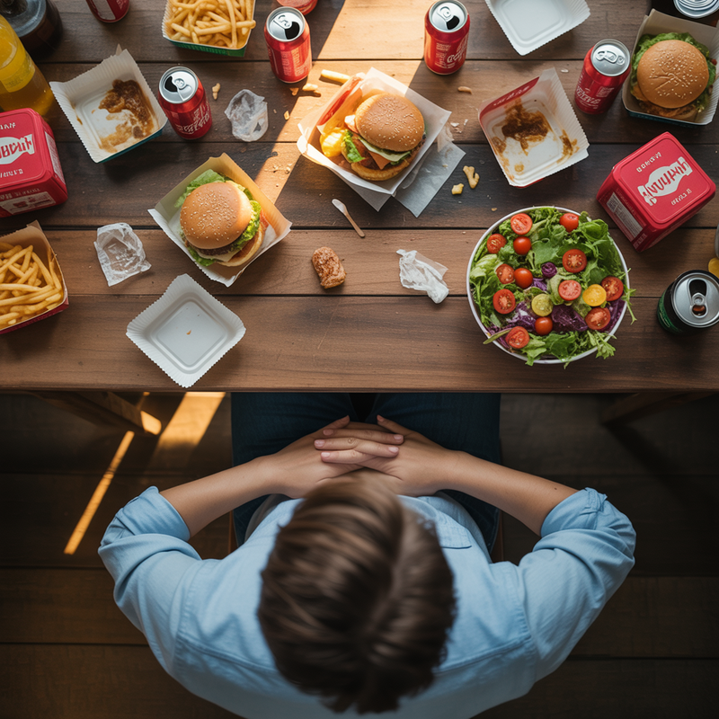 Vue plongeante d’une personne assise devant une table remplie de fast-food, frites, burgers, sodas et une salade, illustrant les habitudes qui provoquent un ventre gonflé