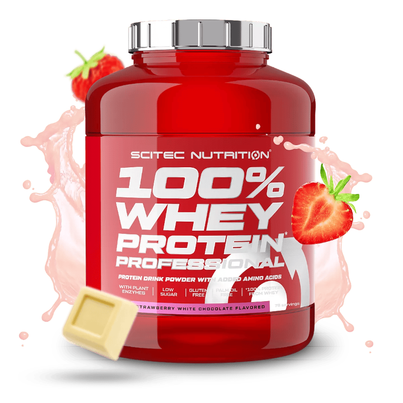 100% Whey Protein Professional Scitec Nutrition 2350g - Protéine fraise faible en sucre sans gluten enzymes végétales acides aminés 78 portions | Dragon Nutrition

