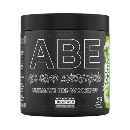 Pot noir de ABE All Black Everything Ultimate Pre-Workout, complément pré-entraînement puissant favorisant l’énergie, la concentration et les performances sportives, saveur Sour Apple.