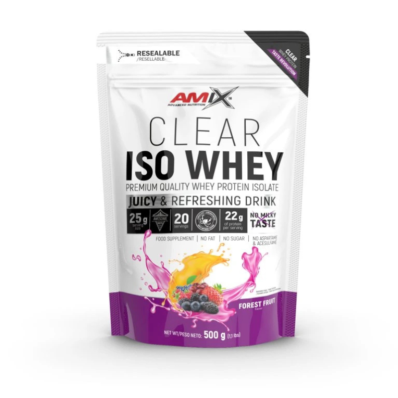 Pochette blanche et violette de protéine Clear ISO Whey d’Amix, isolat de whey au goût fruité, faible en sucres et graisses, pour une boisson légère et rafraîchissante.