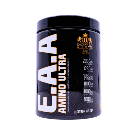 Pot noir de E.A.A Amino Ultra Ultimate Lab, complément en acides aminés essentiels pour la récupération musculaire, la performance et la croissance, saveur citron ice tea.
