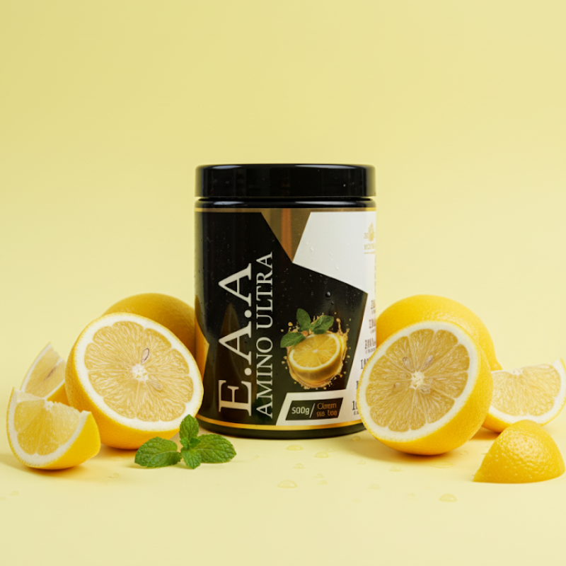 EAA Amino Ultra citron Ultimate Lab – acides aminés essentiels goût citron, pot 500g entouré de citrons frais