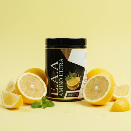 EAA Amino Ultra citron Ultimate Lab – acides aminés essentiels goût citron, pot 500g entouré de citrons frais