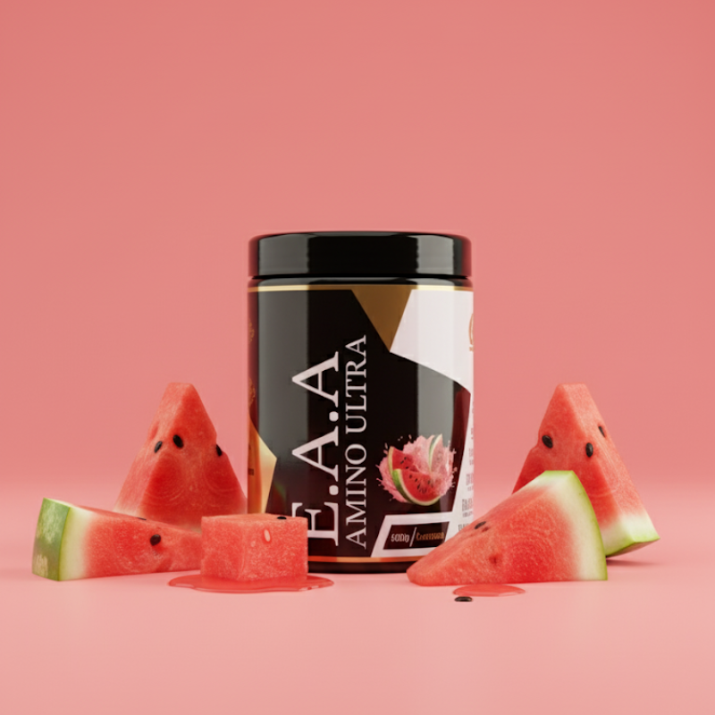 EAA Amino Ultra pastèque Ultimate Lab – acides aminés essentiels saveur pastèque, pot 500g avec morceaux de pastèque fraîche