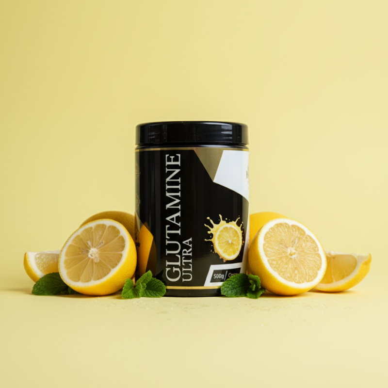 Glutamine Ultra citron Ultimate Lab – complément alimentaire L-glutamine saveur citron, pot 500g entouré de citrons frais