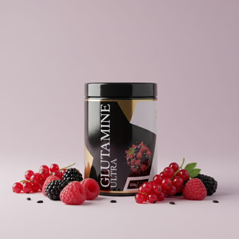 Glutamine Ultra fruits rouges Ultimate Lab – complément alimentaire L-glutamine saveur fruits rouges, pot 500g avec fruits rouges frais