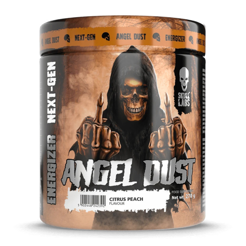 Skull Labs Angel Dust Next-Gen – pré-workout stimulant saveur citrus peach, pot 270g avec design skull et style hardcore fitness