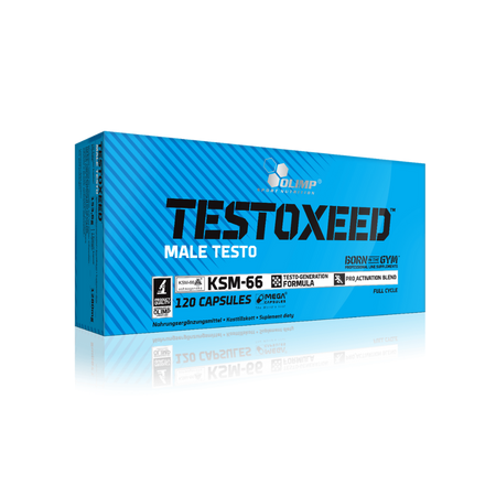Boîte bleue de Testoxeed Male Testo d’Olimp Nutrition, complément alimentaire stimulant naturel de testostérone à base de KSM-66, favorisant la force, l’énergie et la vitalité masculine.