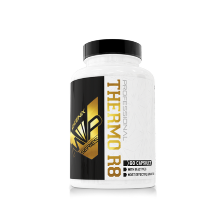 Pot blanc de Thermo R8 IO.Genix, brûleur de graisses thermogénique à base de caféine et d’extraits naturels, conçu pour stimuler le métabolisme et favoriser la perte de poids.