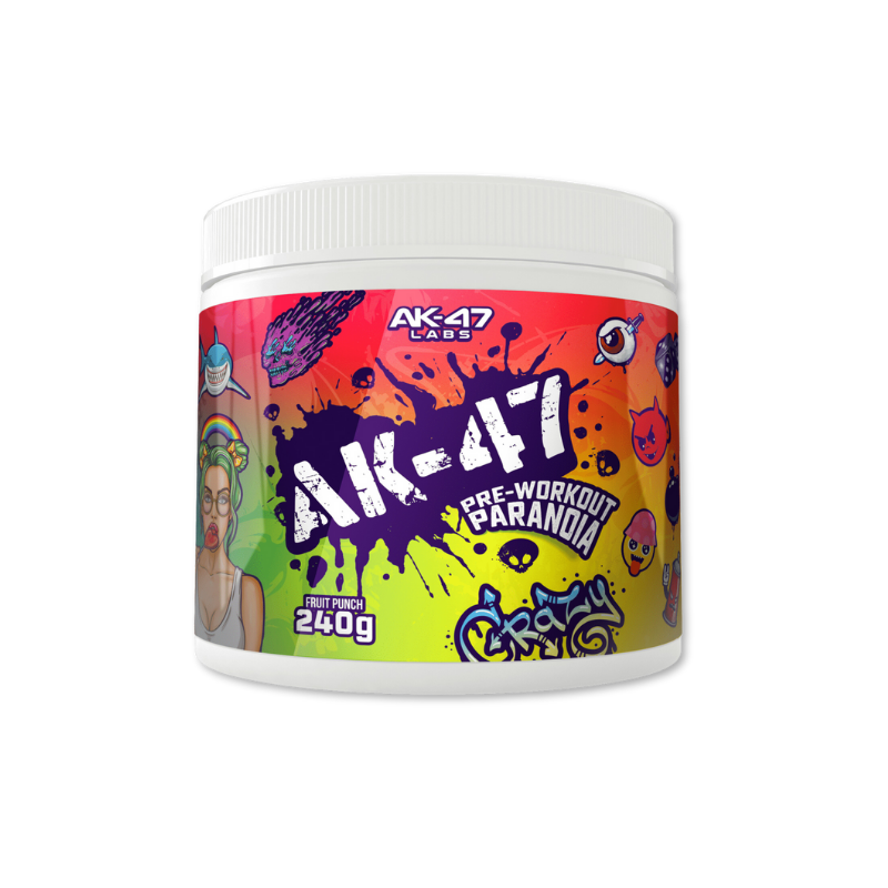 Pot AK-47 Labs Pre-Workout Paranoia red berry, booster énergie 240g, design coloré