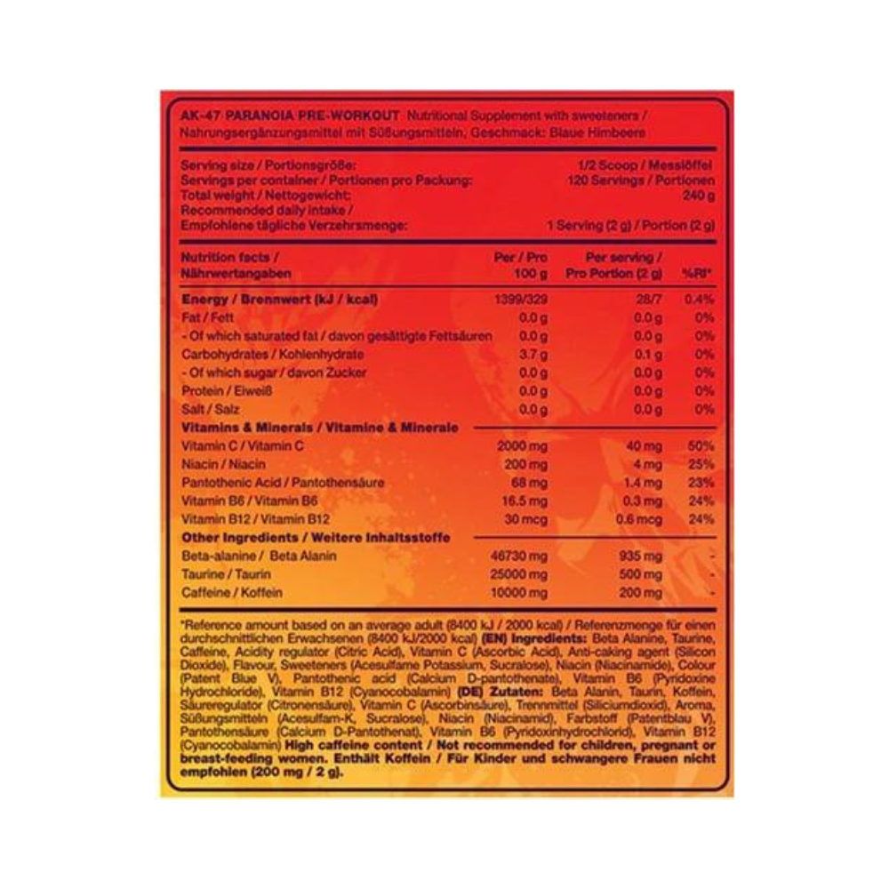 Tableau nutritionnel AK-47 Paranoia Pre-Workout : vitamines, caféine, bêta-alanine, taurine par dose