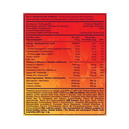 Tableau nutritionnel AK-47 Paranoia Pre-Workout : vitamines, caféine, bêta-alanine, taurine par dose
