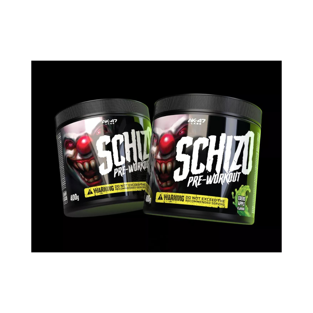 Deux pots AK-47 Labs Schizo pre-workout 400g saveur Eden’s Apple, booster très concentré avec caféine et créatine