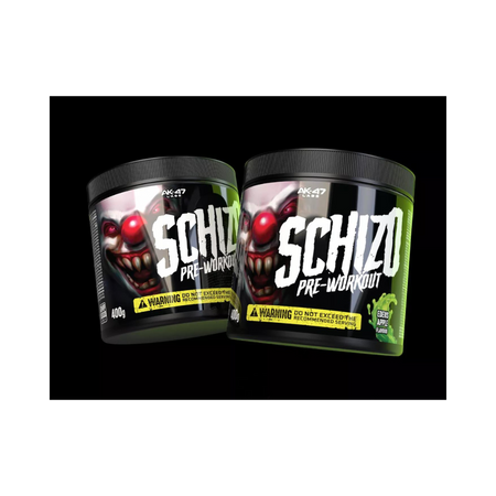 Deux pots AK-47 Labs Schizo pre-workout 400g saveur Eden’s Apple, booster très concentré avec caféine et créatine
