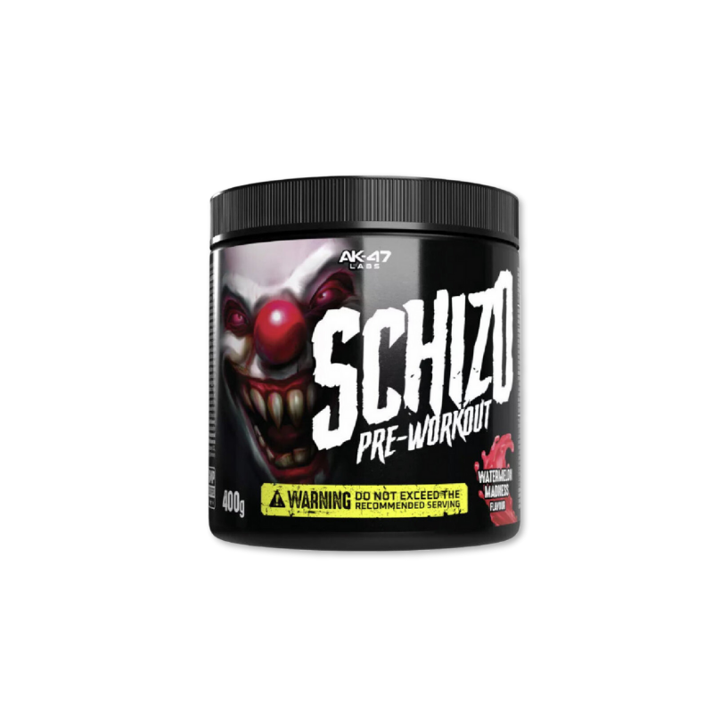 Pot AK-47 Labs Schizo pre-workout 400g Eden’s Apple, 40 servings avec avertissement haute puissance en fa