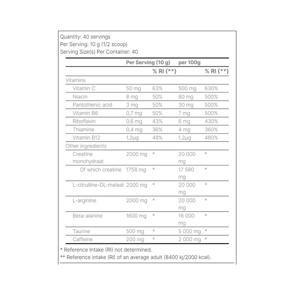 Tableau nutritionnel Schizo AK-47 Labs par dose de 10g : créatine, citrulline malate, arginine, bêta-alanine, taurine, caféine et vitamines B