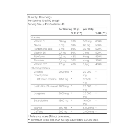 Tableau nutritionnel Schizo AK-47 Labs par dose de 10g : créatine, citrulline malate, arginine, bêta-alanine, taurine, caféine et vitamines B