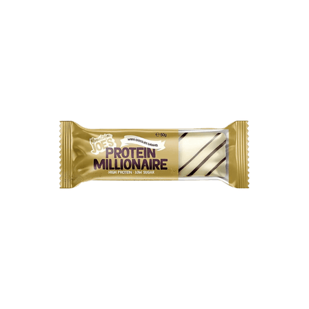 Barre protéinée Mountain Joe’s Protein Millionaire chocolat blanc caramel en sachet doré, montrant une barre blanche décorée de filets de chocolat noir et texte high protein low sugar