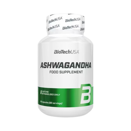 Flacon BioTechUSA Ashwagandha, complément alimentaire en 60 capsules fournissant un apport quotidien standardisé en withanolides pour la gestion du stress et la détente
