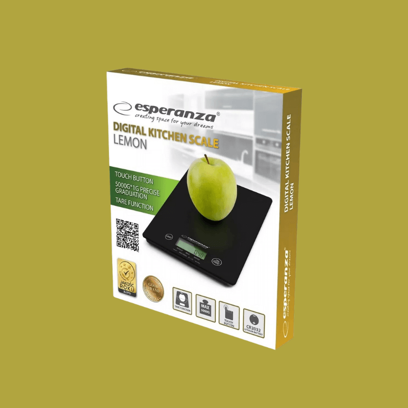 Boîte de la balance de cuisine digitale Esperanza Lemon avec visuel d’une balance noire et d’une pomme verte sur le plateau