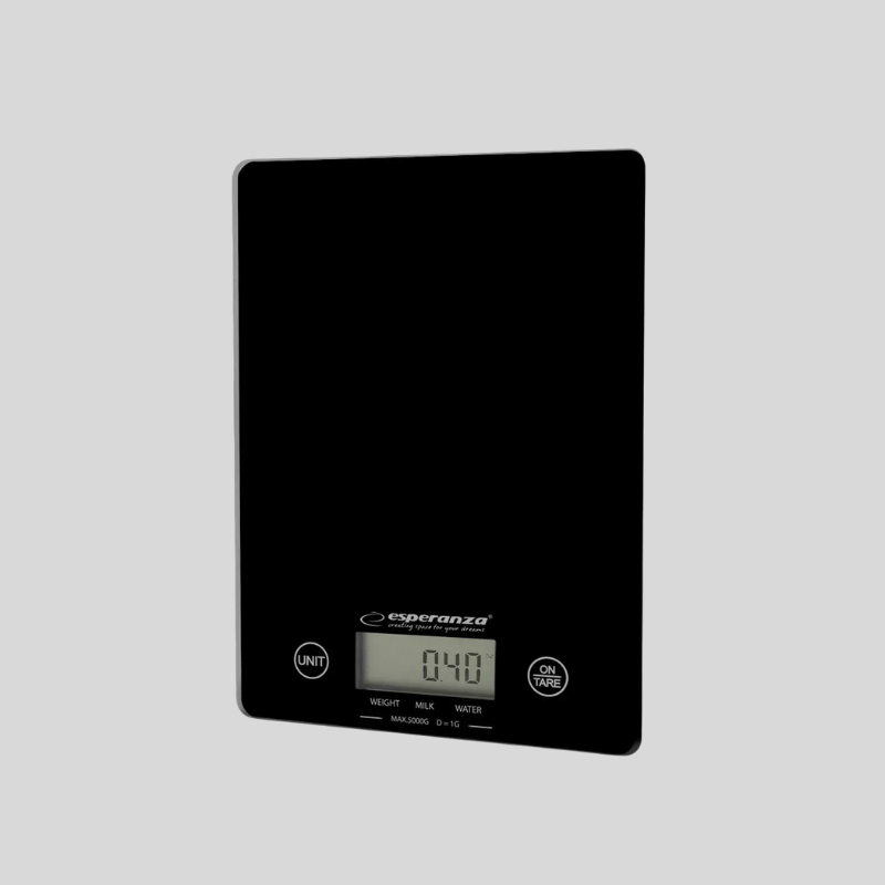 Balance de cuisine digitale Esperanza Lemon noire avec écran LCD et boutons tactiles unité et tare sur fond gris