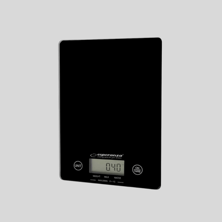 Balance de cuisine digitale Esperanza Lemon noire avec écran LCD et boutons tactiles unité et tare sur fond gris