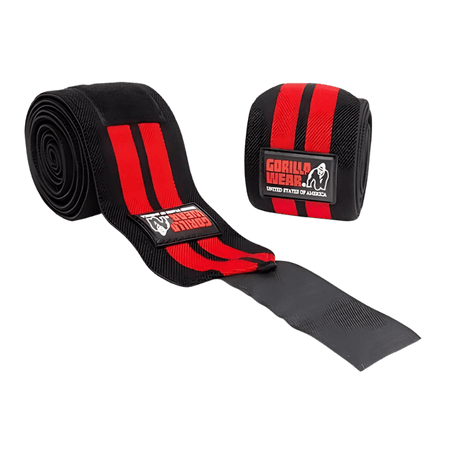 Bande de genou Gorilla Wear noire et rouge enroulée autour du genou pour la protection et la stabilité en musculation