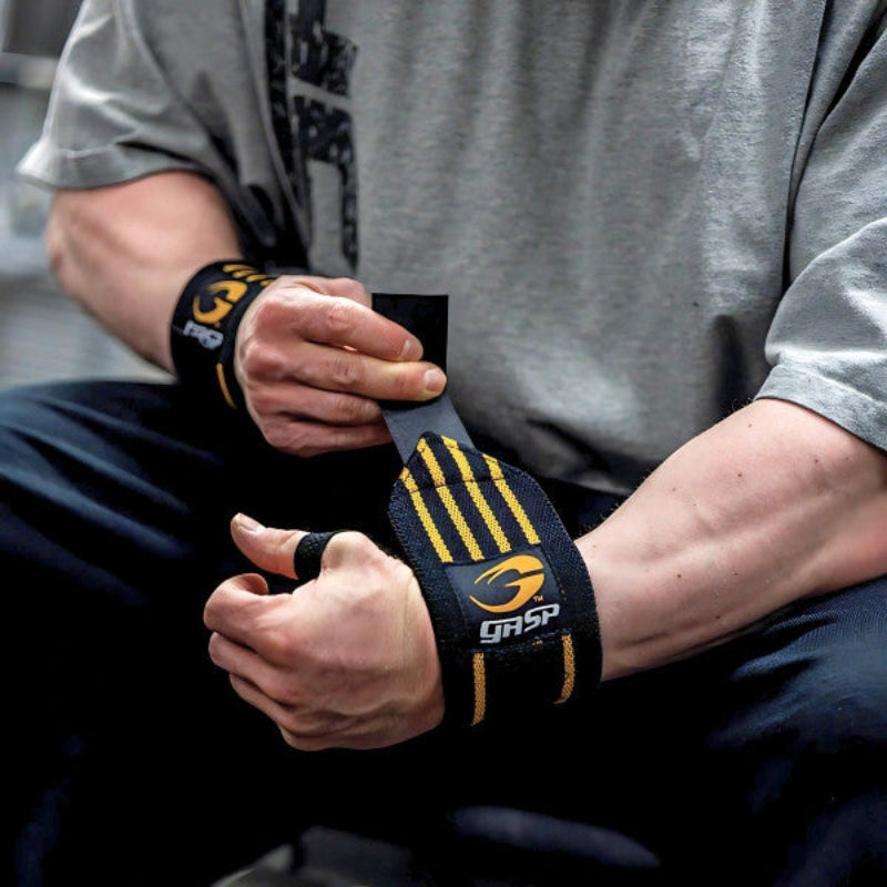 Bandes de poignet GASP Hardcore noires et rouges pour musculation, avec boucle pour le pouce et fermeture velcro