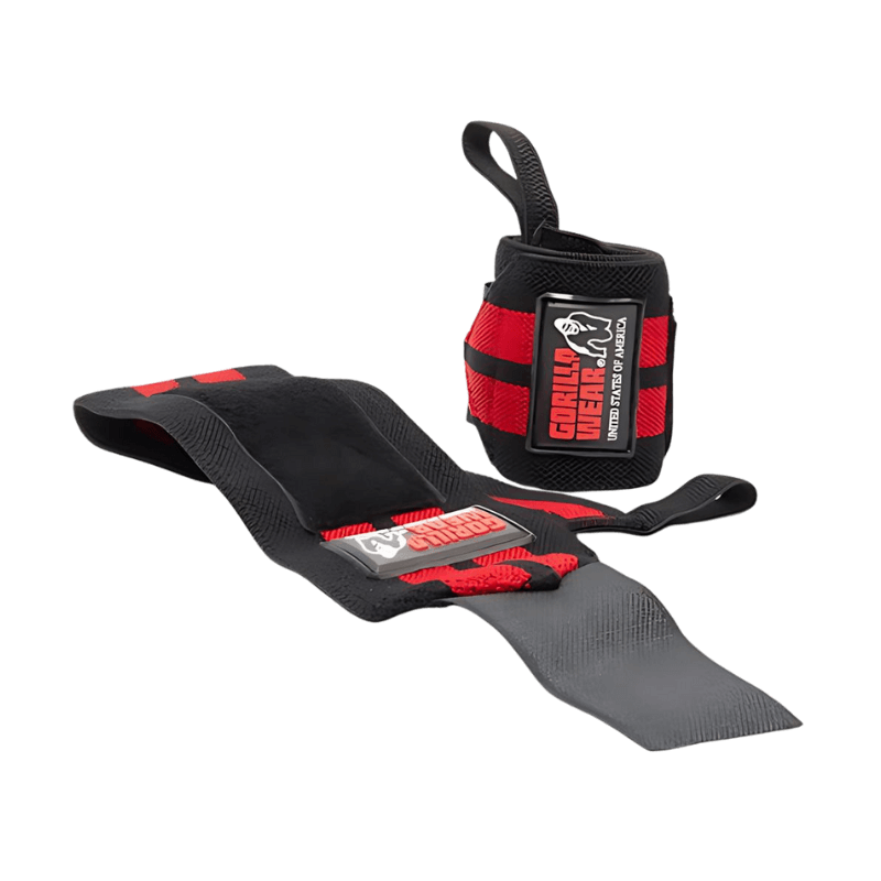 Bandes de poignet Gorilla Wear noires et rouges dont une déroulée montrant la zone de renfort pour le support du poignet