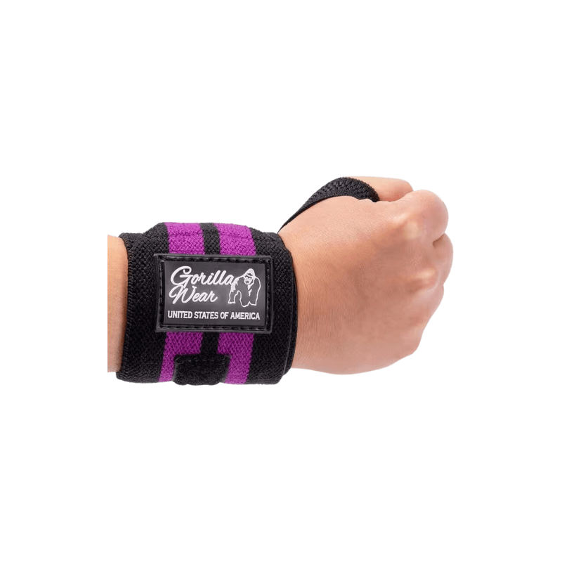 Bande de poignet Gorilla Wear noire et violette portée au poignet pour le maintien en musculation