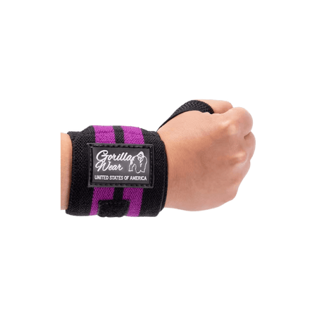 Bande de poignet Gorilla Wear noire et violette portée au poignet pour le maintien en musculation