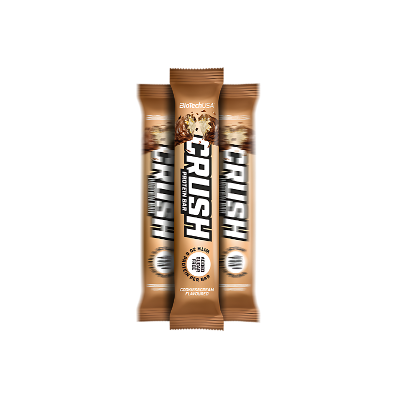 Trois barres CRUSH BioTechUSA couleur beige saveur cookies and cream, snack protéiné croustillant avec 20 g de protéines par barre