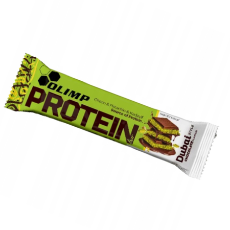Barre protéinée Olimp Protein Bar goût chocolat, pistache et kadaïf, source de protéines idéale pour la récupération musculaire ou une collation saine et gourmande.